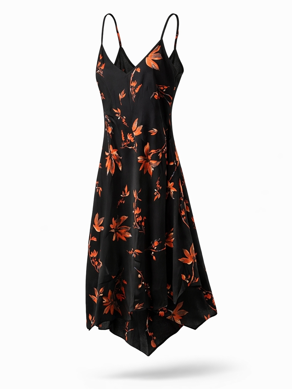Black Asymmetrical Slip Dress with Orange Floral Accents
